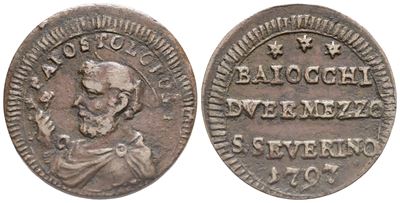 Stato Pontificio. San Severino. Pio Vi (1775-1799). Sanpietrino da 2,5 Baiocchi, 1797. Cu (8,22 G...