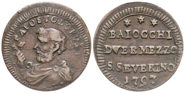 STATO PONTIFICIO. SAN SEVERINO. Pio VI (1775-1799). Sanpietrino da 2,5 Baiocchi, 1797. Cu (8,22 g; 28 mm). Muntoni 408. BB+