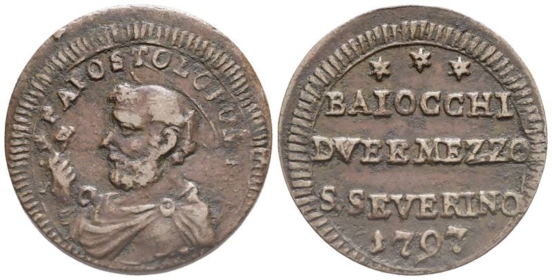 Stato Pontificio. San Severino. Pio Vi (1775-1799). Sanpietrino da 2,5 Baiocchi, 1797. Cu (8,22 G...