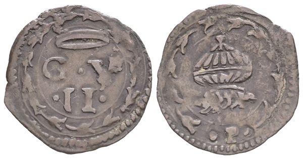 URBINO. Guidobaldo II della Rovere (1538-1574). Quattrino. Mi (0,68 g; 17 mm). R/ Granata fiammeggiante. Cavicchi 132-133. qSPL