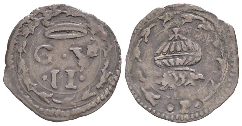 Urbino. Guidobaldo II della Rovere (1538-1574). Quattrino. Mi (0,68 G; 17 MM). R/ Granata Fiammeg...