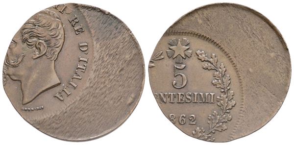 REGNO D'ITALIA. Napoli. Vittorio Emanuele II (1861-1878). 5 Centesimi, 1862. Cu, 4,79 g. Mont. 250. Errore di coniazione, accentuata decentratura, SPL