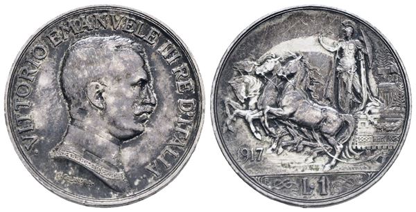 REGNO D'ITALIA. Vittorio Emanuele III (1900-1943). 1 Lira, 1917. Ag, 5,02 g. Mont. 202. Caratteristica patina 'a bersaglio' di vecchia collezione, SPL+
