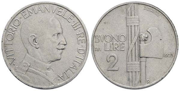 REGNO D'ITALIA. Vittorio Emanuele III (1900-1943). Buono da 2 Lire, 1925. Ni, 10,05 g. Mont. 163 (NC). SPL/FDC
