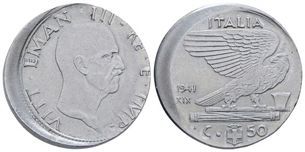 REGNO D'ITALIA. Vittorio Emanuele III (1900-1943). 50 Centesimi, 1941. Ac, 5,97 g. Mont. 269. Errore di coniazione, decentratura, SPL+
