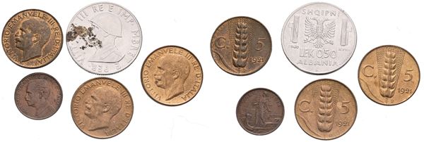 REGNO D'ITALIA. Roma. Vittorio Emanuele III (1900-1943). Gruppo di 5 monete: 5 Cent. 1921 (x3 - qFDC-FDC); 1 Cent. 1914 (FDC); 0,50 Lek d'Albania 1940 (macchia al D/, SPL+)