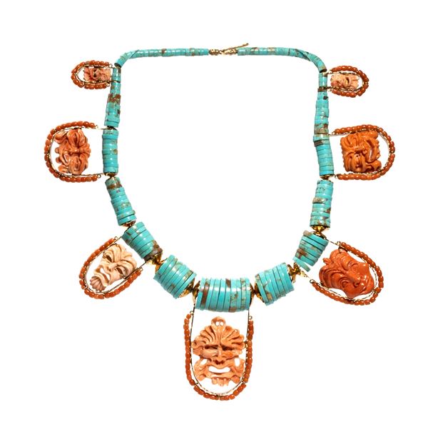 GERARDO SACCO - Collezione "Maschere e Monete": collana in oro con turchese e corallo