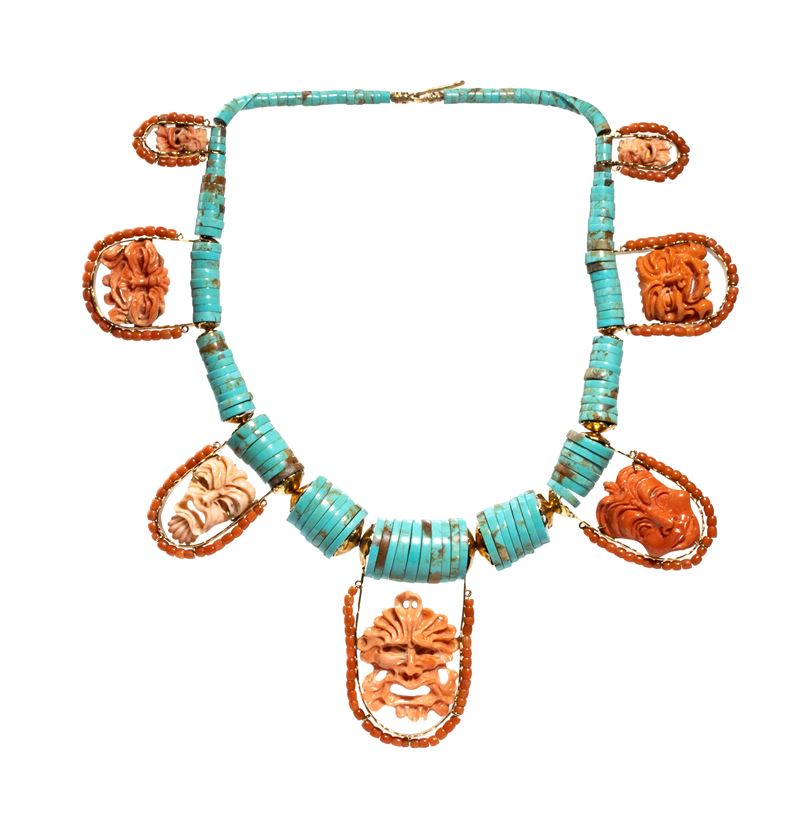 Collezione "Maschere e Monete": collana in oro con turchese e corallo