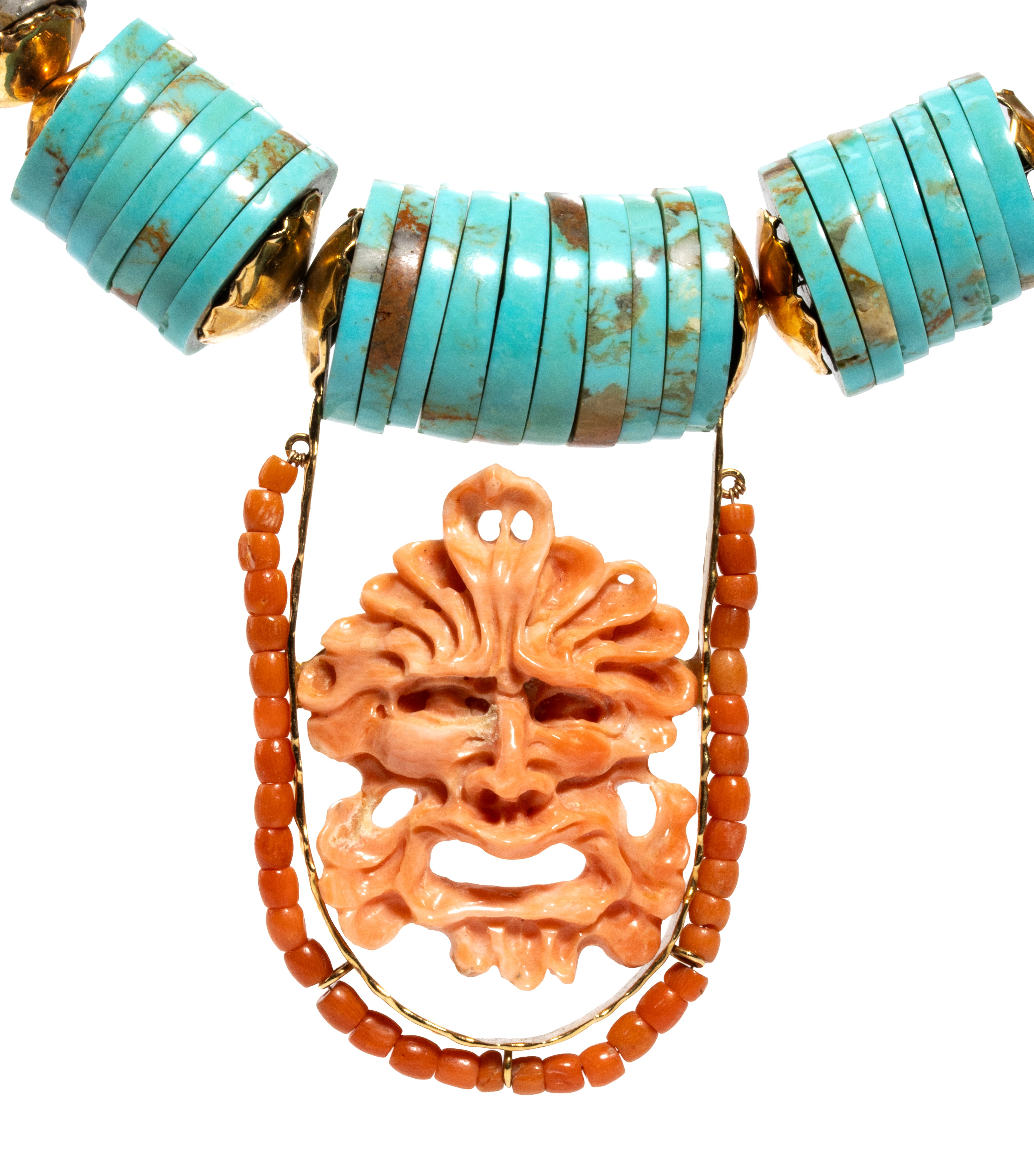 Collezione "Maschere e Monete": collana in oro con turchese e corallo