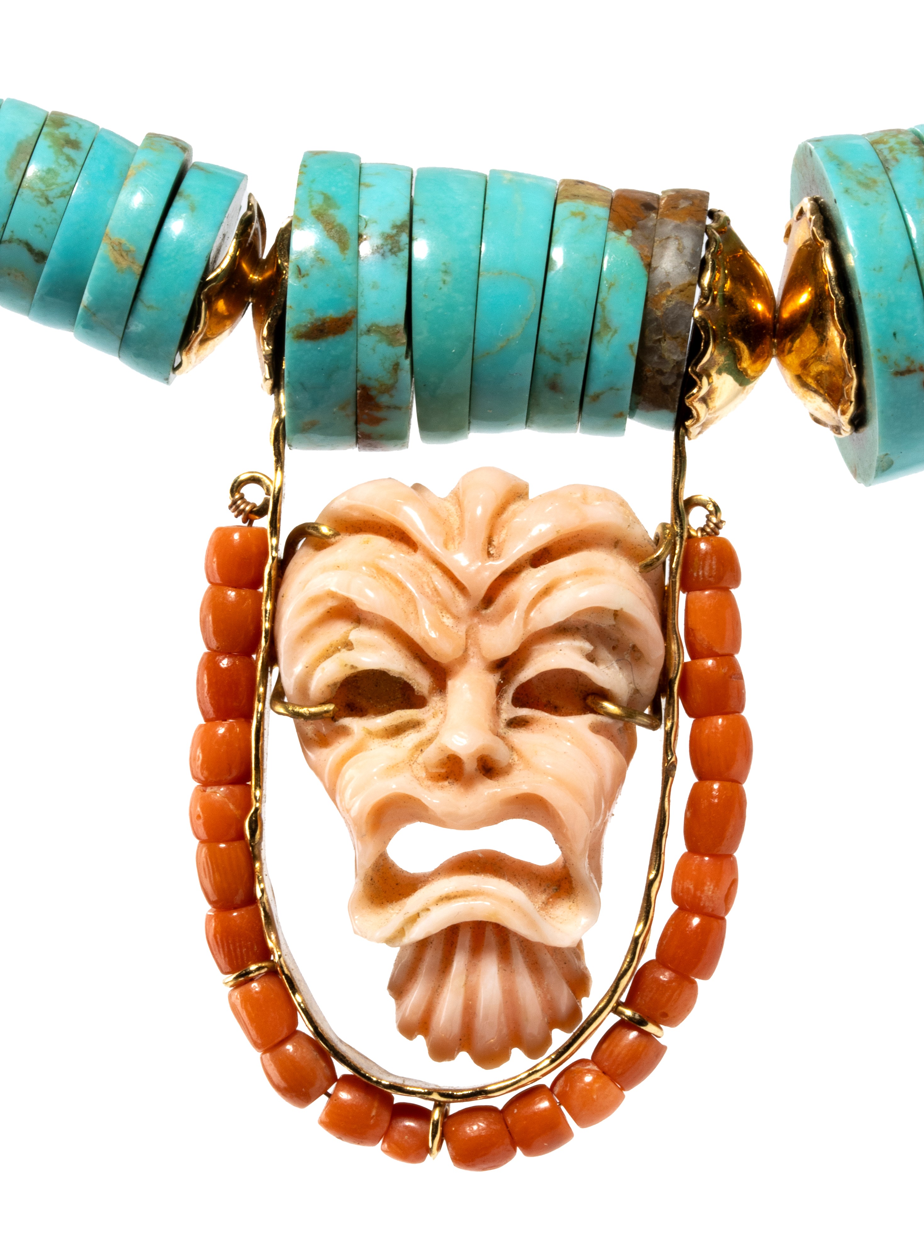 Collezione "Maschere e Monete": collana in oro con turchese e corallo