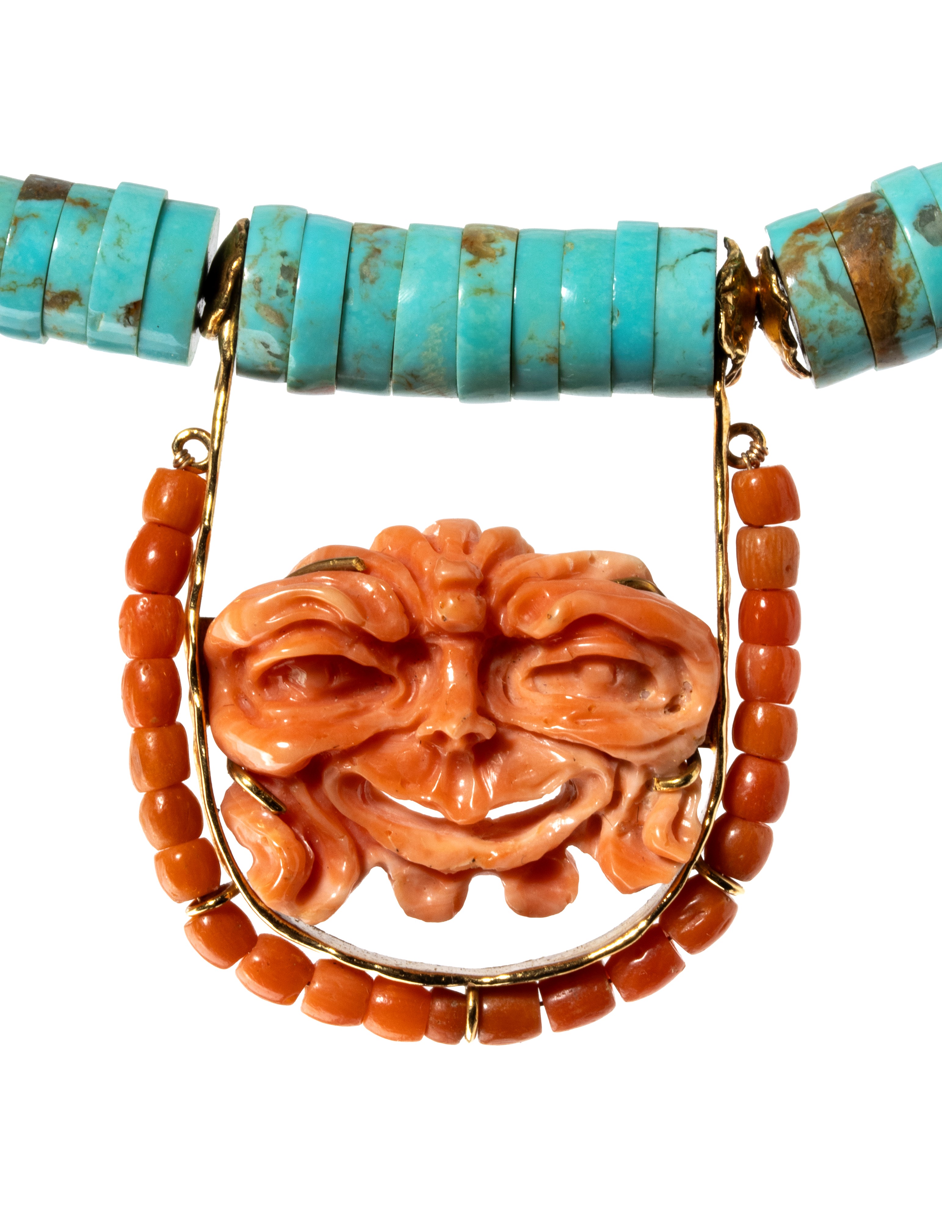 Collezione "Maschere e Monete": collana in oro con turchese e corallo