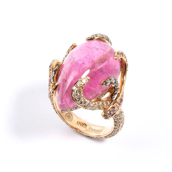 Ring with tourmaline, pink corundums and diamonds