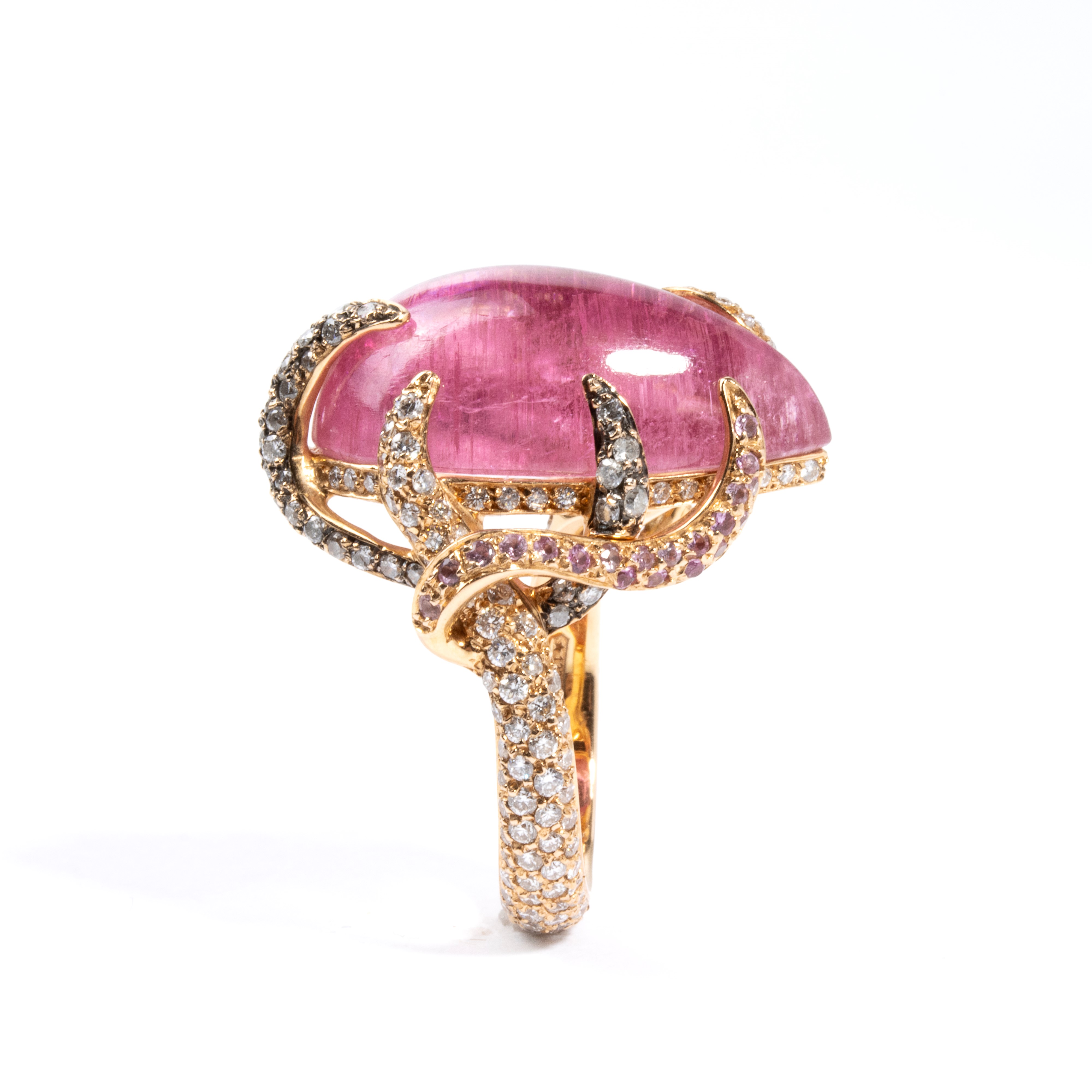 Anello con tormalina, corindoni rosa e diamanti