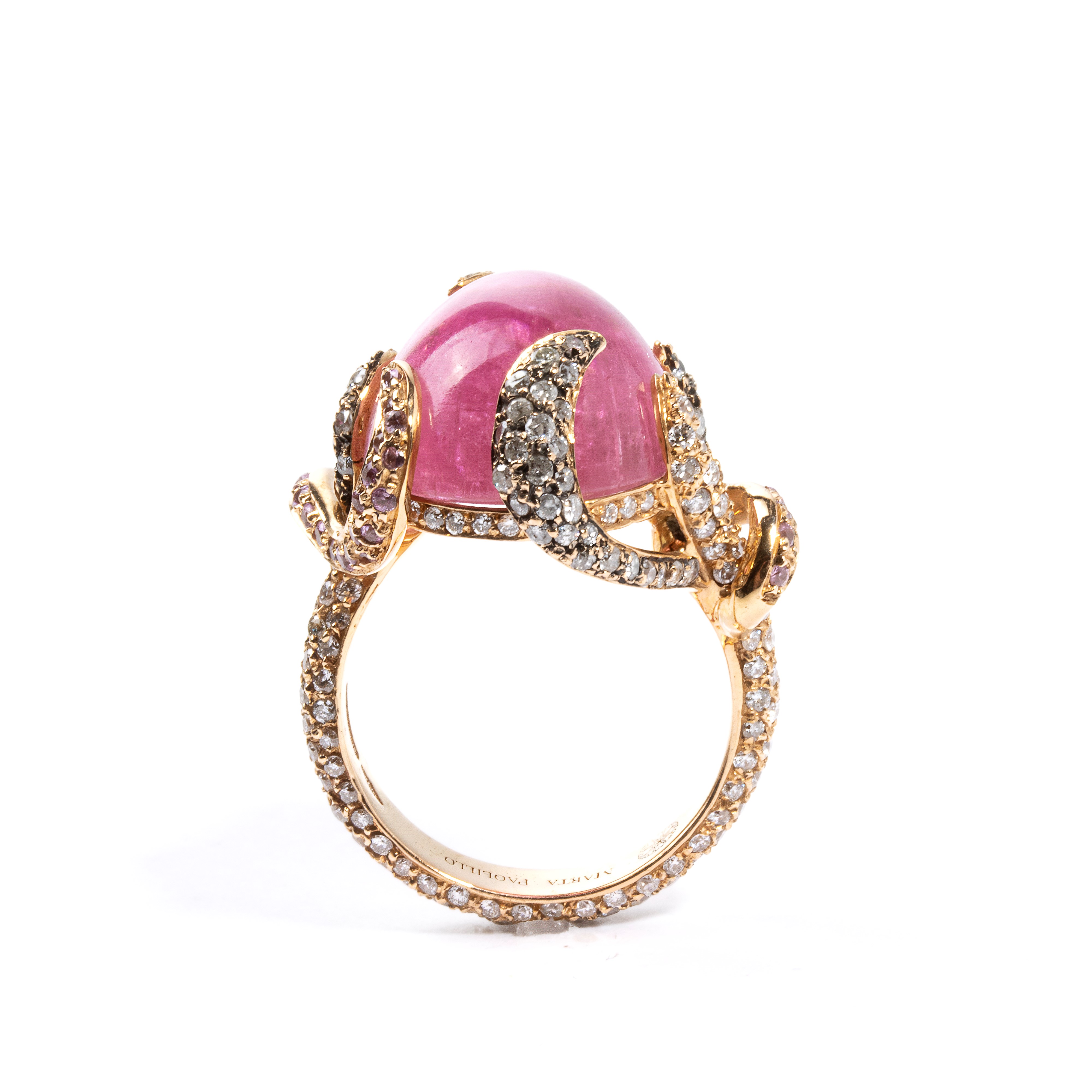 Anello con tormalina, corindoni rosa e diamanti