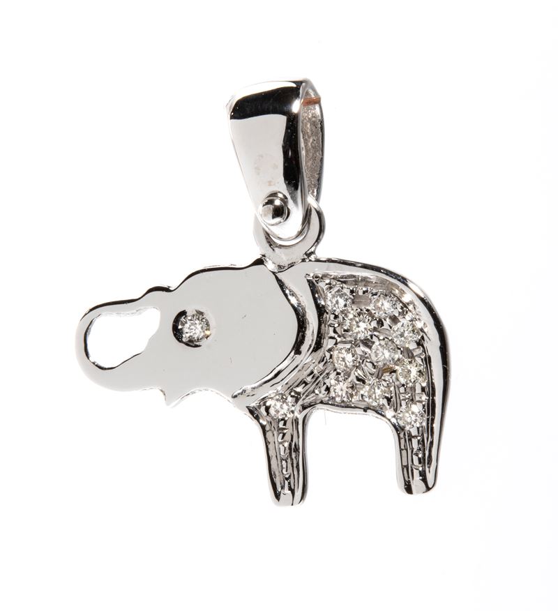 Oro bianco 18k, Pendente con elefante in pavé di diamanti