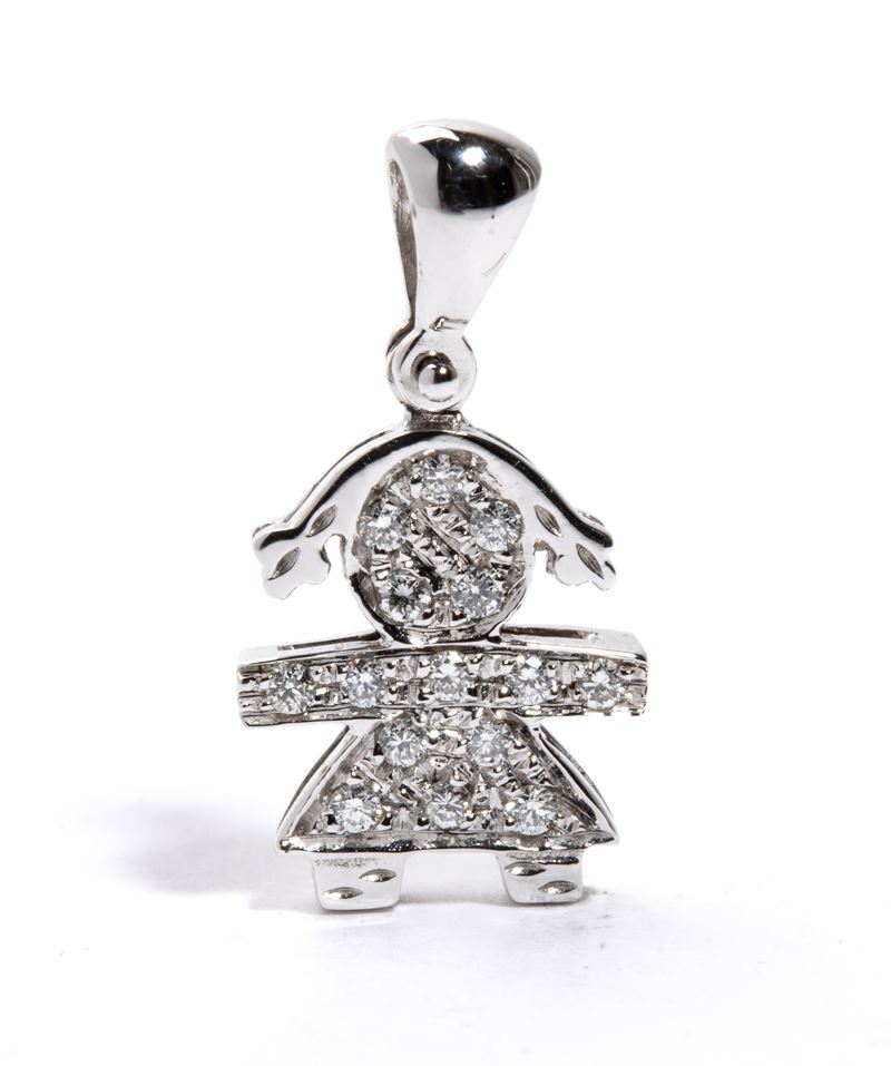 Pendente in oro bianco con pavé di diamanti, sagoma stilizzata di bambina