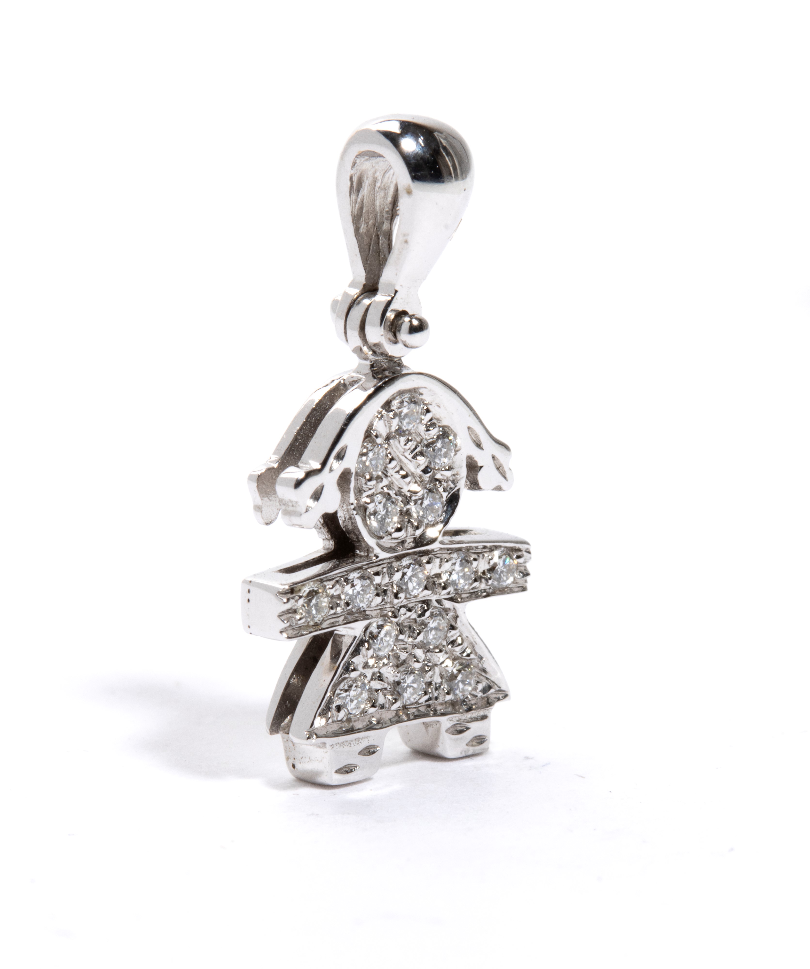 Pendente in oro bianco con pavé di diamanti, sagoma stilizzata di bambina