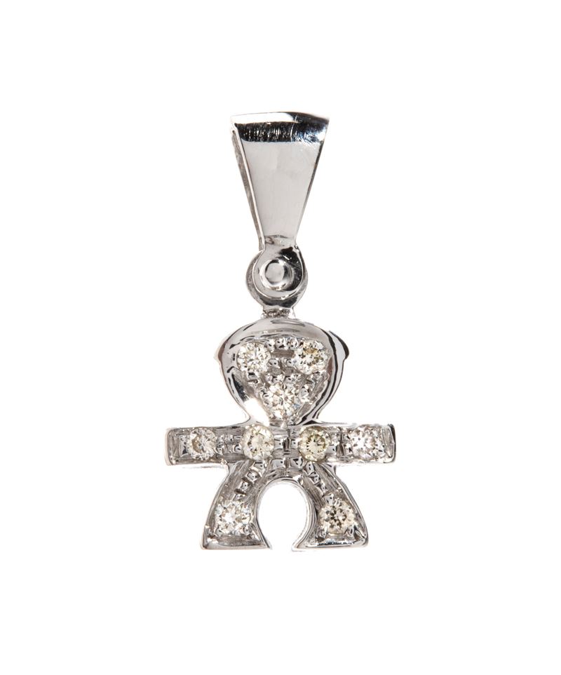Oro bianco 18k, Pendente con diamanti in pavé raffigurante sagoma stilizzata di bambino