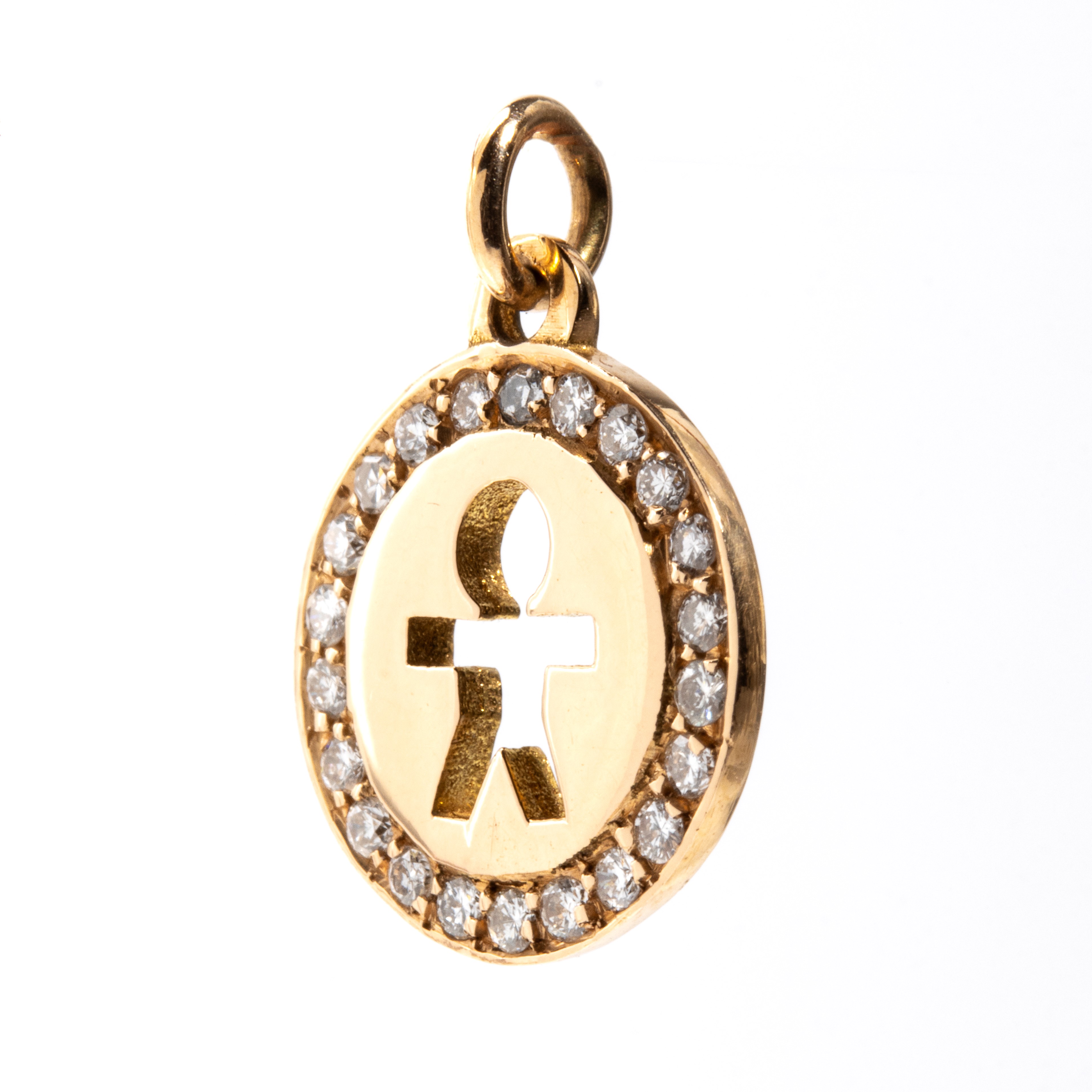 Pendente in oro giallo 18k con diamanti tondi, forma rotonda traforata