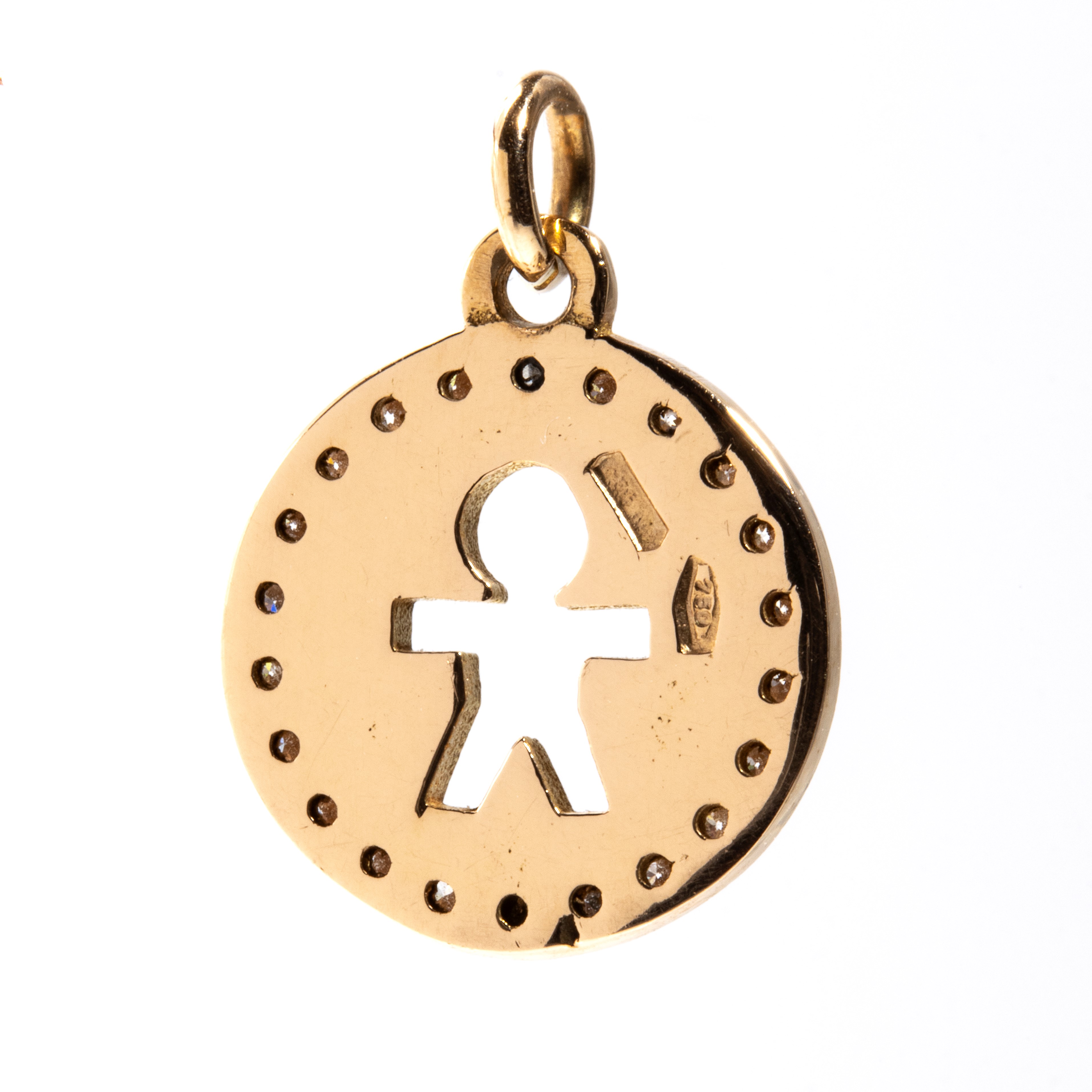 Pendente in oro giallo 18k con diamanti tondi, forma rotonda traforata