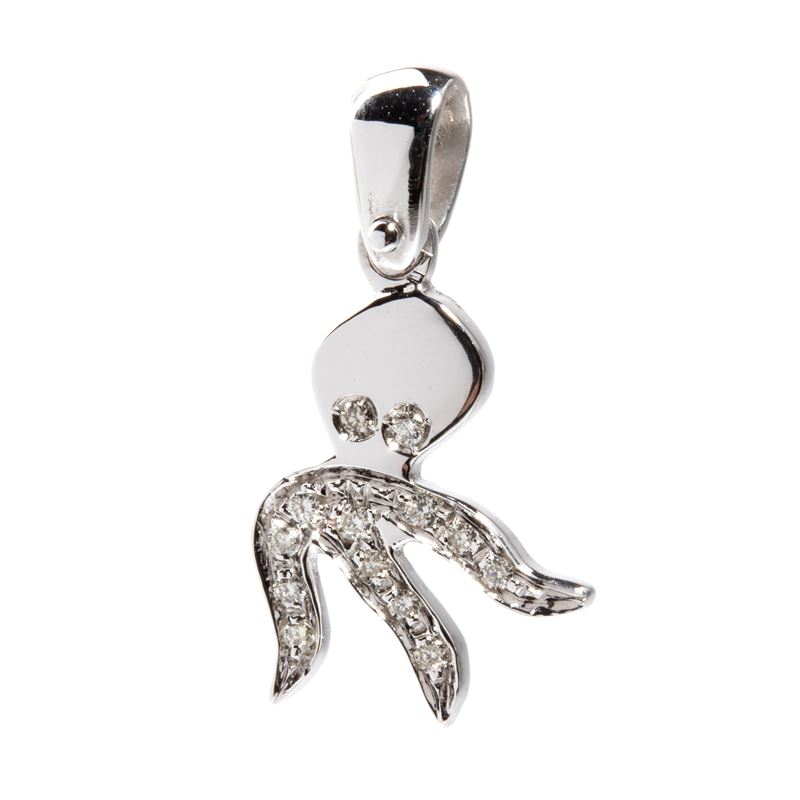 Pendente in oro bianco 18k con pavé di diamanti, raffigurazione di polpo
