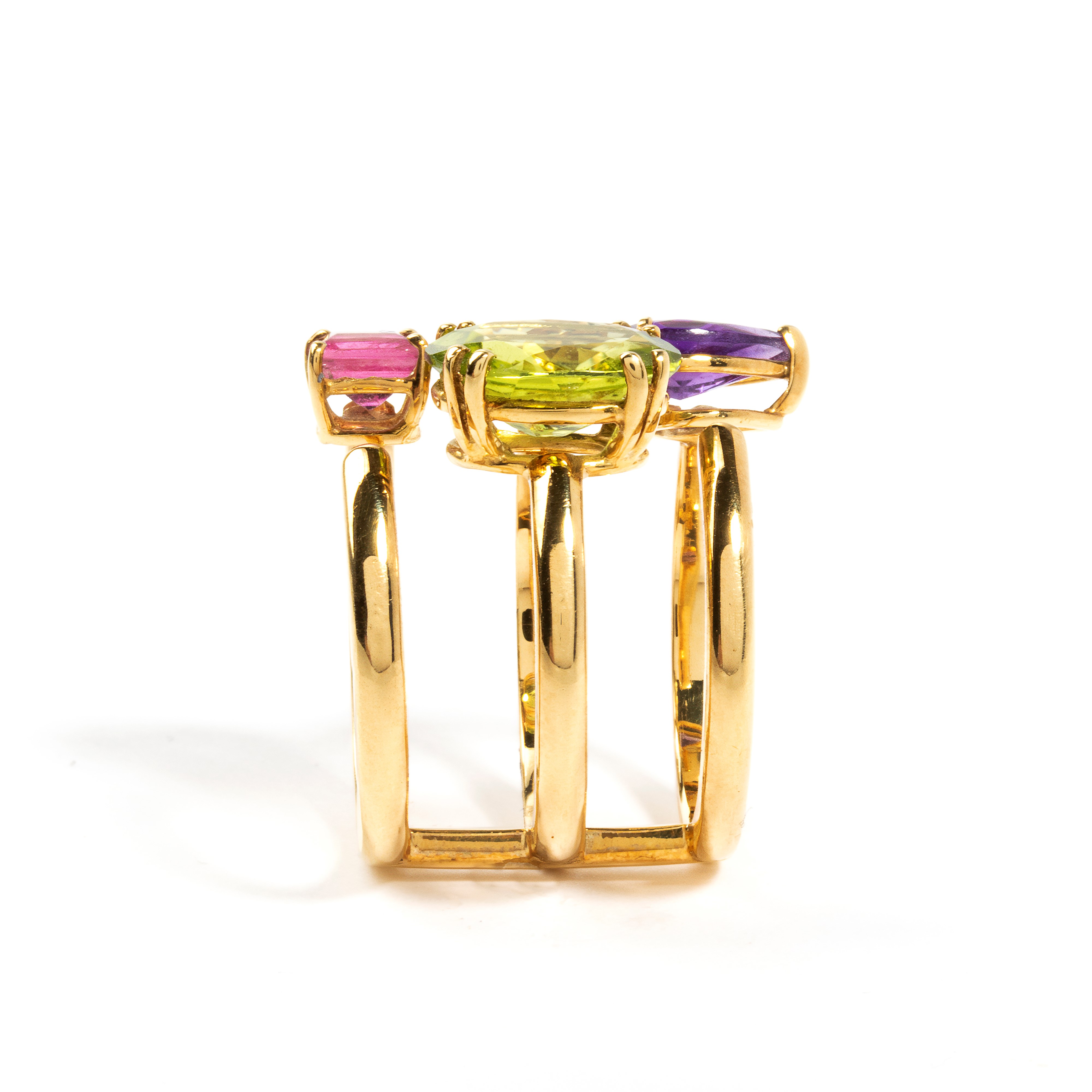 Anello in oro con ametista, rubellite e peridoto