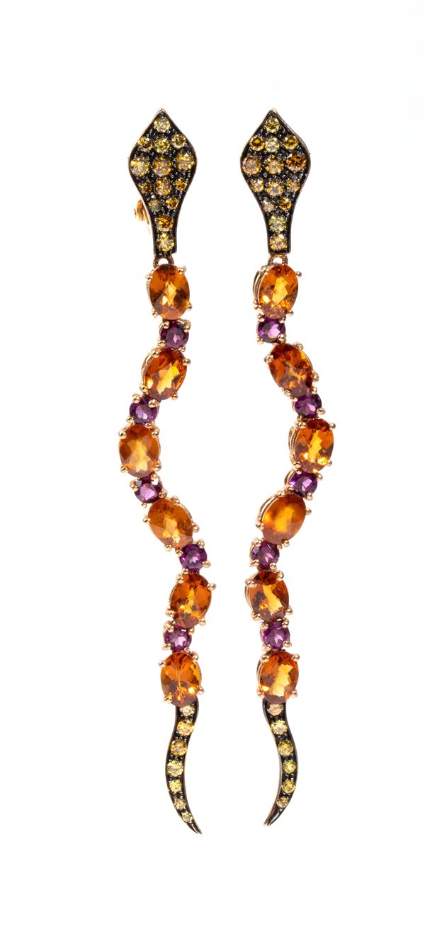 Diamond tourmaline and citrine quartz gold earrings