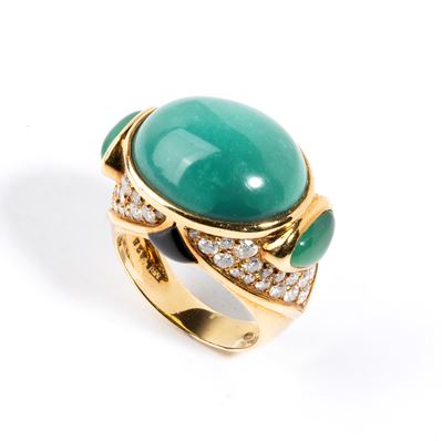 Anello in oro 18k con turchese e diamanti, anni '80