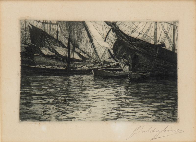 Guglielmo Baldassini - La vita nel porto (Genova), acquaforte