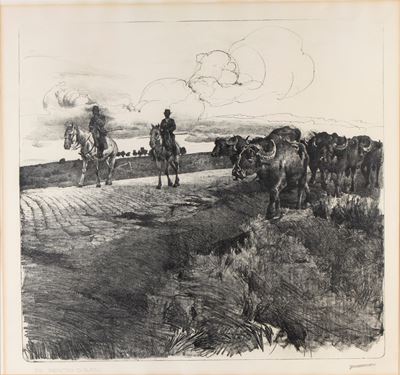 Rientro di bufali, litografia