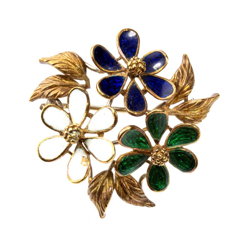 Spilla in oro giallo 18k con smalti, Italia anni '60
