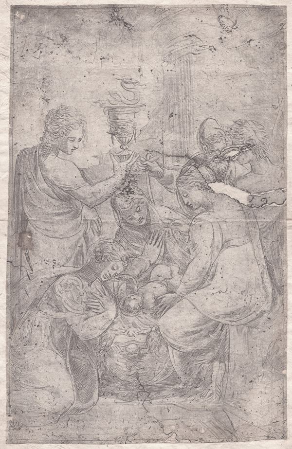 Andrea Meldolla, detto Schiavone - Risultato di traduzione Il Bambino Gesù nella culla, circondato da santi