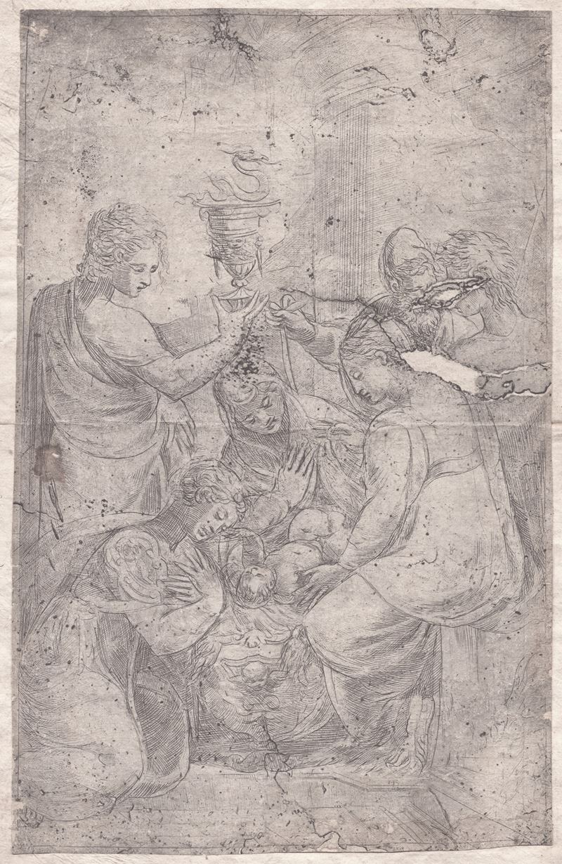 Il Bambino Gesù nella culla con santi