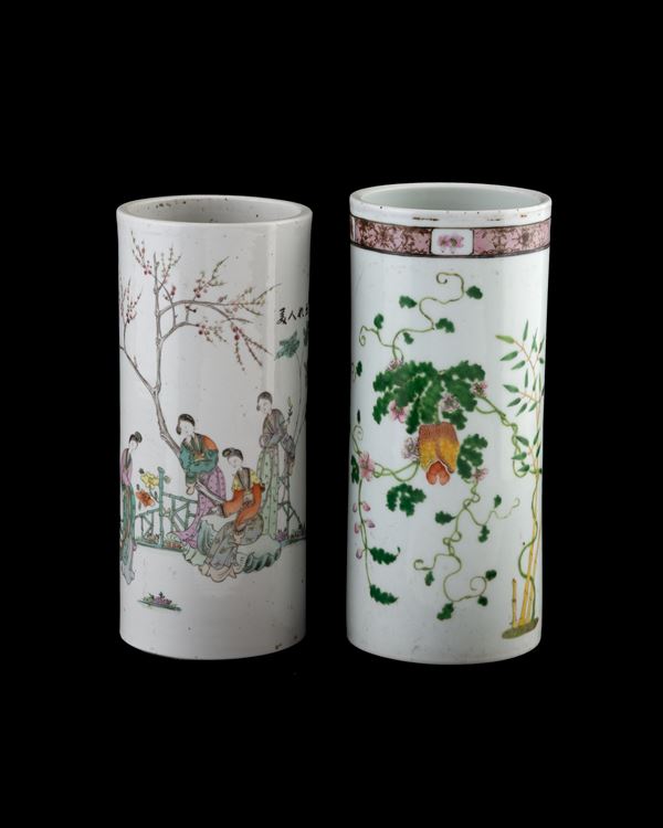 Two cylindrical painted porcelain vases. China, 20th century.