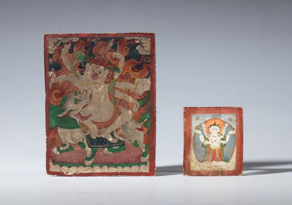 A pair of miniatures depicting deities from the Himalayan Buddhist pantheon. Pigments on cotton. Tibet or Mongolia, 19th century.