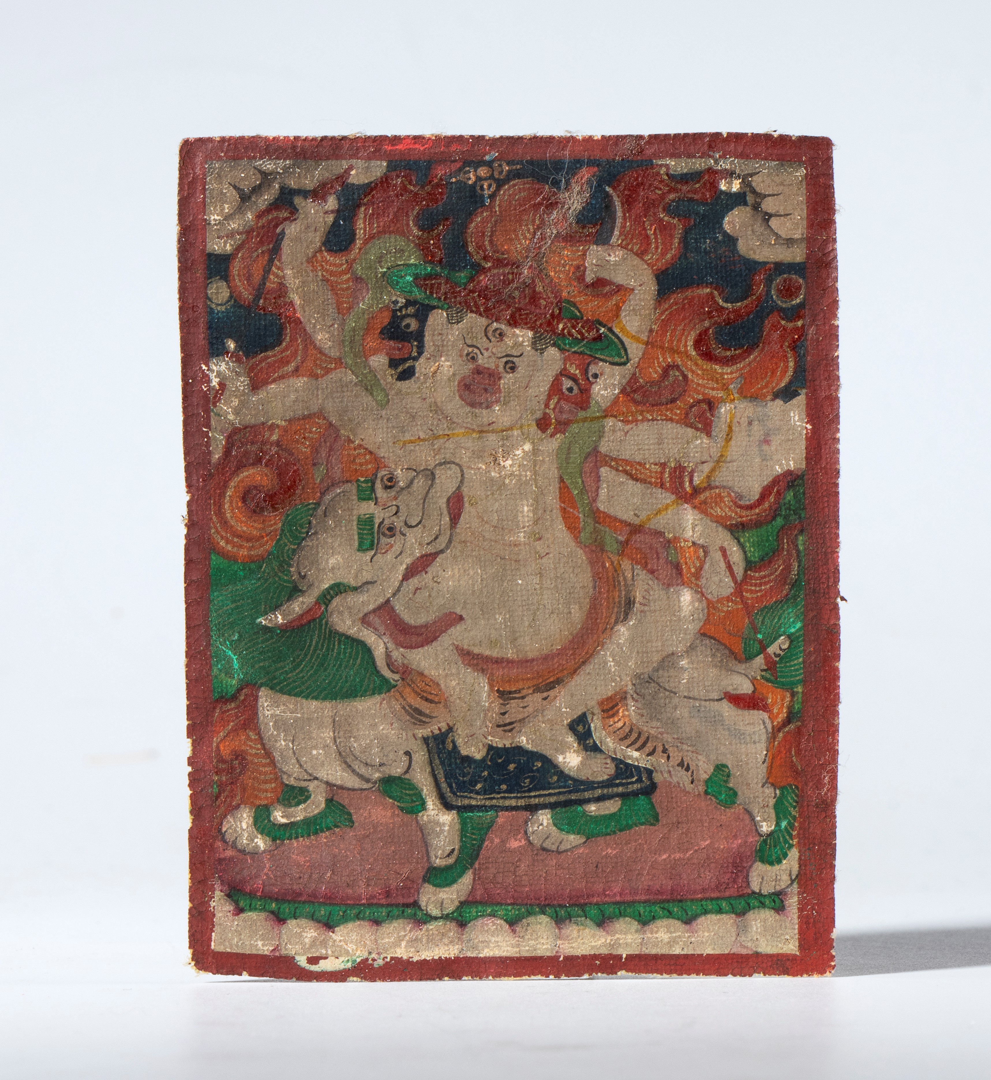Coppia di miniature raffiguranti deità del pantheon buddista Himalayano. Pigmenti su cotone. Tibe...