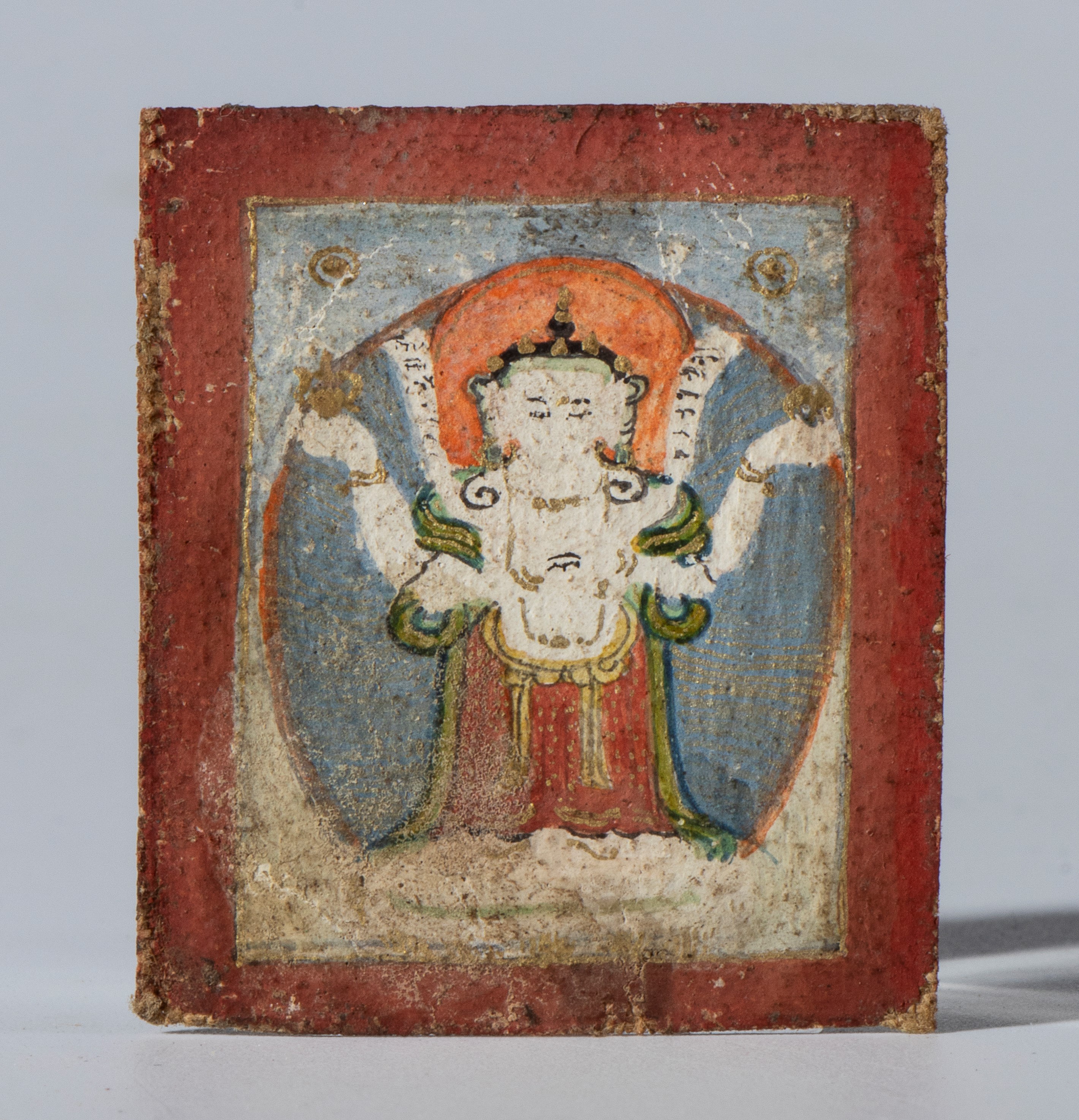 Coppia di miniature raffiguranti deità del pantheon buddista Himalayano. Pigmenti su cotone. Tibe...