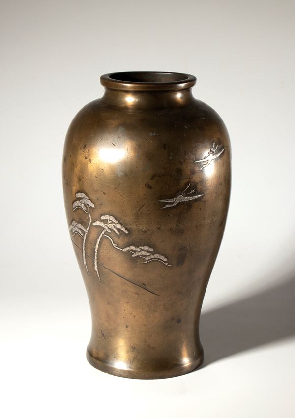 Ornamental copper alloy vase with a landscape and crane birds in nielloed silver. China, 18th century