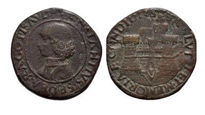 Sforza (Costanzo I), Mezza lira di Pesaro, rame (Cu), 12,4 g