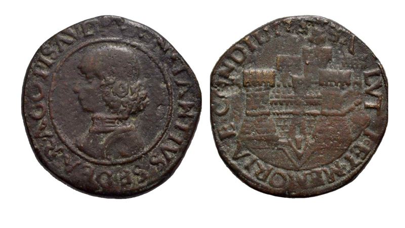 Sforza (Costanzo I), Mezza lira di Pesaro, rame (Cu), 12,4 g