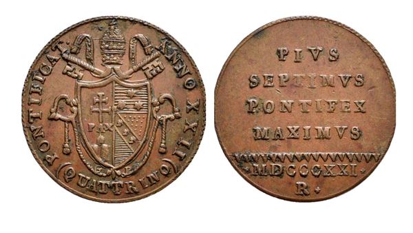 STATO PONTIFICIO. Roma. Pio VII (1800-1823). Quattrino 1821 – Anno XXII; Cu (19,7 mm)