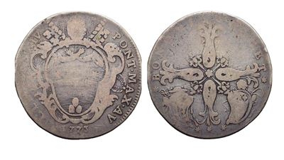 Clemente XIV (1769-1774), Mezzo scudo da 2 lire, 1773 (Anno V) Bologna, Ag