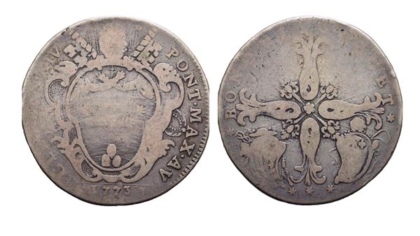 STATO PONTIFICIO. Bologna. Clemente XIV (1769-1774). Mezzo scudo da 2 lire 1773 – Anno V; Ag (11,4 g; 33,5 mm)