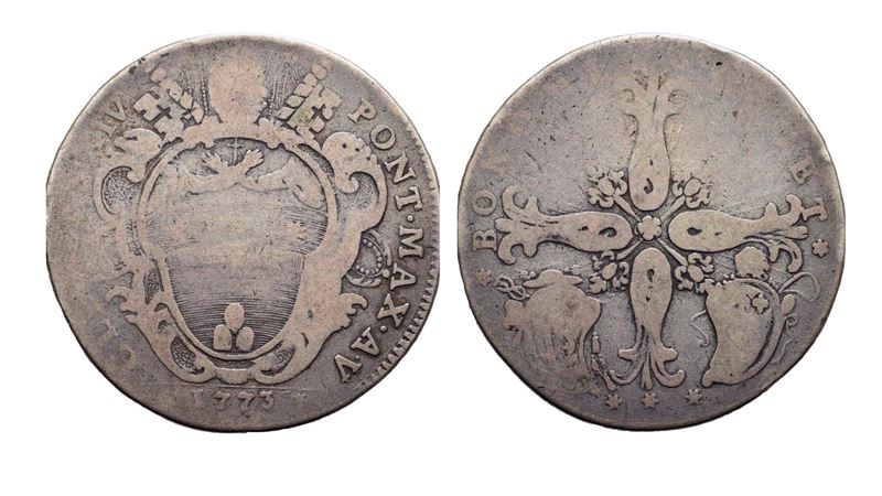 Clemente XIV (1769-1774), Mezzo scudo da 2 lire, 1773 (Anno V) Bologna, Ag