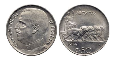 Vittorio Emanuele III, Regno d’Italia, 50 Centesimi 1924 (contorno liscio) in nichel (Ni)