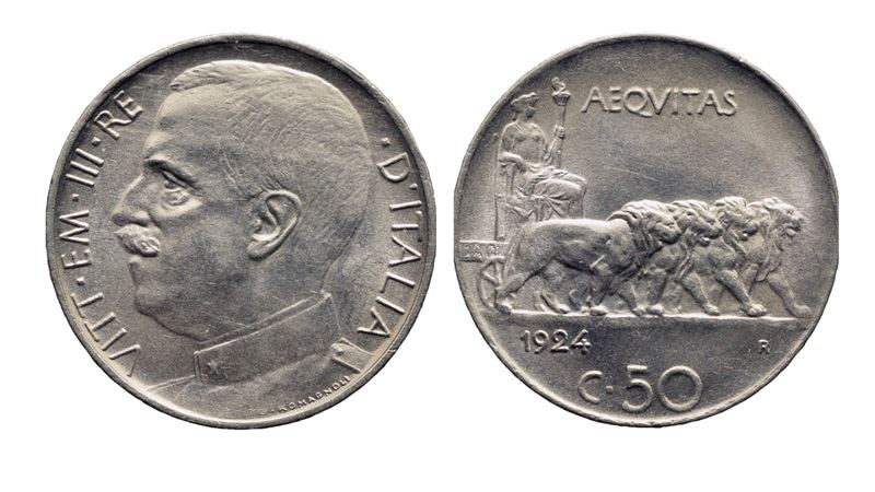 Vittorio Emanuele III, Regno d’Italia, 50 Centesimi 1924 (contorno liscio) in nichel (Ni)