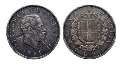 Vittorio Emanuele II, 2 Lire 1861 (Regno d’Italia) — testa nuda e stemma