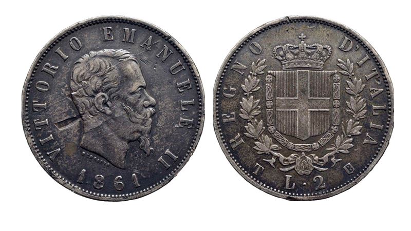 Vittorio Emanuele II, 2 Lire 1861 (Regno d’Italia) — testa nuda e stemma