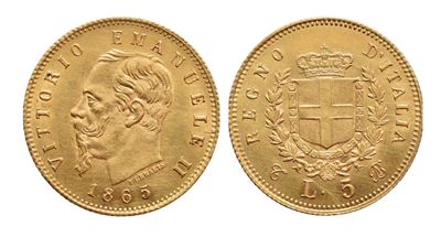 Vittorio Emanuele II, 5 Lire 1865 — Regno d’Italia, oro