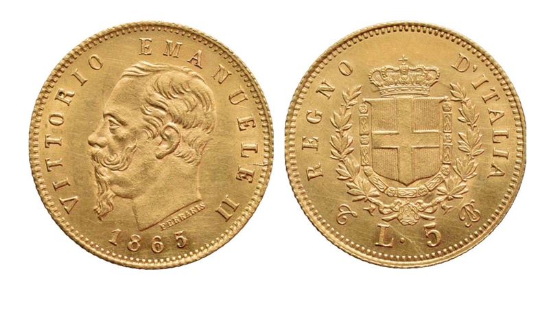 Vittorio Emanuele II, 5 Lire 1865 — Regno d’Italia, oro